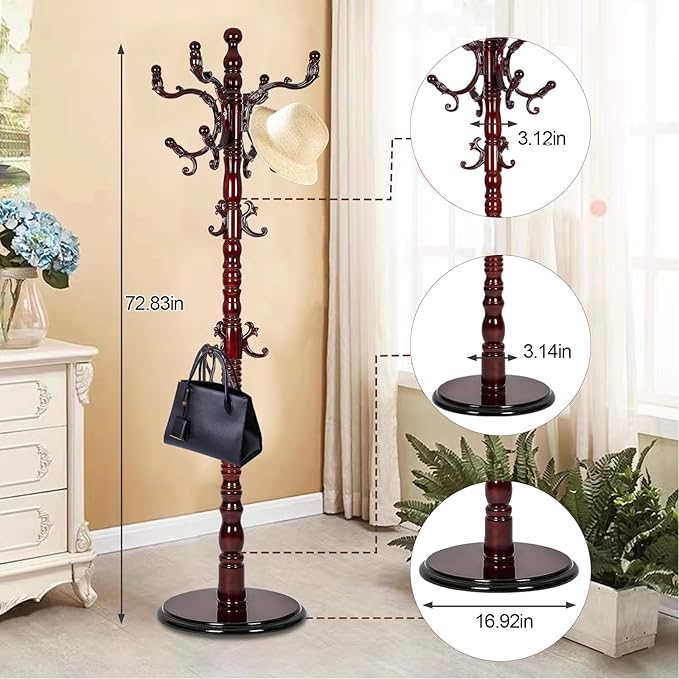 Coat Rack Freestanding, Wooden Coat Rack 14 Hooks, Pure Natural Solid Tree Coat Hanger Stable Disc Base, Adjustable Floor Hanger,for Bedroom Office Hallway Entryway(Mahogany)