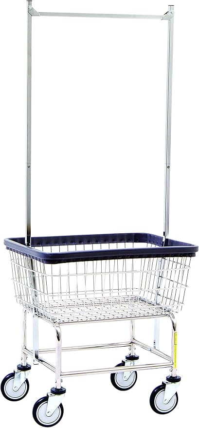 R&B Wire® 100E58 Heavy Duty Wire Laundry Cart with Double Pole Rack | 2.5 Bushel | Steel Frame with Chrome Finish | Commercial Laundry Basket | Industrial Bumper | 5" Clean Wheel System™ Casters