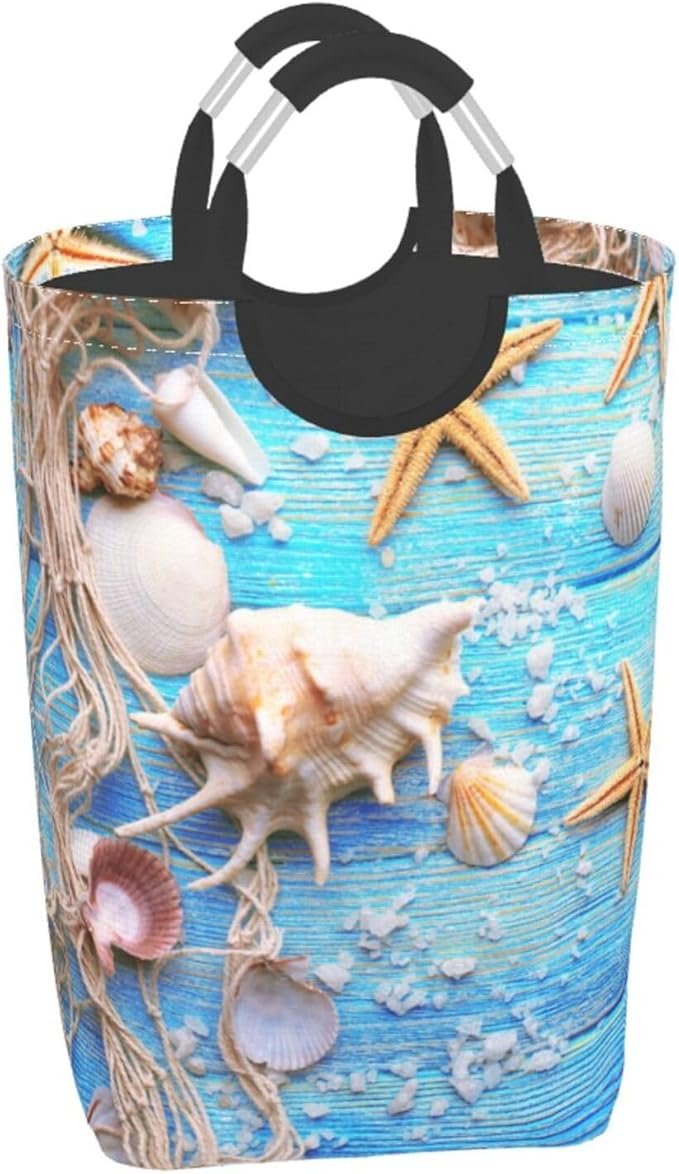 Beach Wooden Starfish Laundry Basket Seashell Laundry Hamper Blue Collapsible Baskets with Handle Laundry Bag Dirty Clothes Hamper Bag for Dorm Family Bathroom Decor Storage 50L