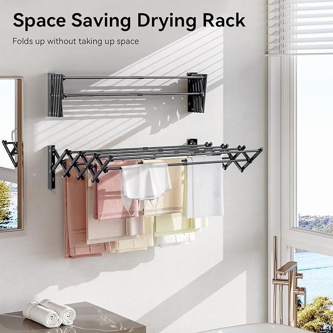 APEXCHASER Laundry Drying Rack Wall Mount - Towel Rack Collapsible, Accordion Clothes Drying Rack, Clothes Airer for Bathroom Balcony Laundry Room Wall Mounted, Drying Rack for Clothing, Black