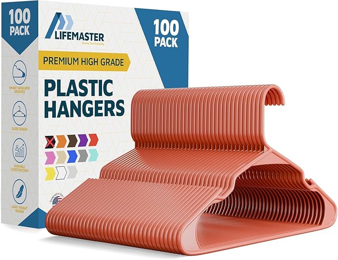 Lifemaster Plastic Clothes Hangers – Heavy Duty Hanger Set, for Organizing Clothes, Dresses, and Coat, Holds Up to 5 lbs, Space-Saving Hangers with Non-Slip Shoulder Grooves, Pack of 100, Dark Brown