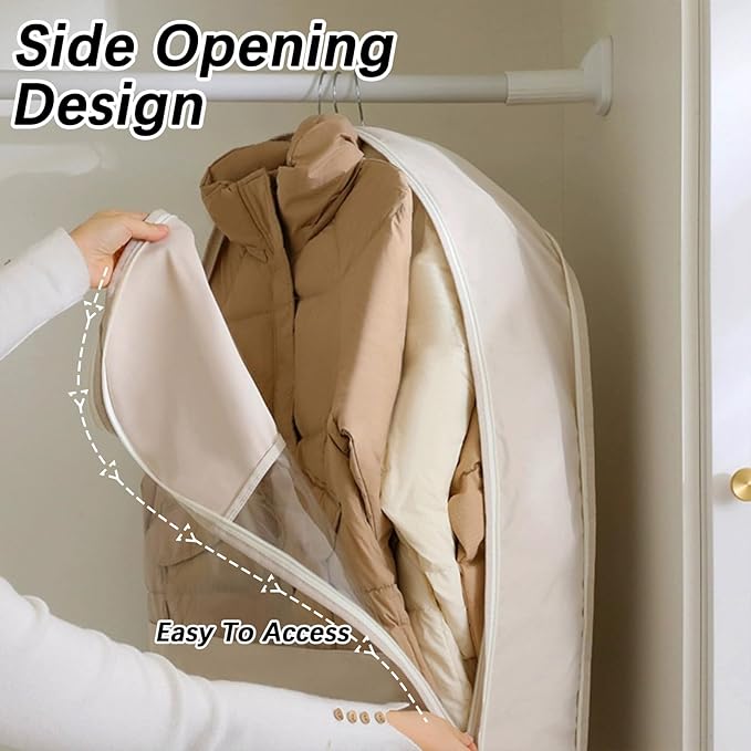 Space Saving Hanging Garment Bag with Self Compression Zipper，Dust Cover Clothes Bags for Down Coat,Dress,Suit，Closet Storage Organizer for Home Travel Use (Beige, L)