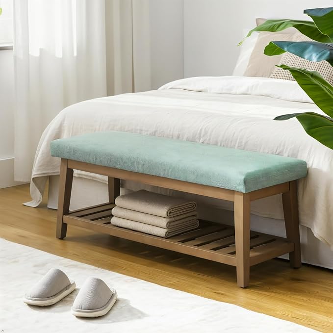 Entryway Shoe Bench with Cushion, End of Bed Bench,Upholstered Bench for Kitchen, Bench with Solid Wood Shelf, Fabric Ottoman Bench for Hallway, Living Room (Teal)