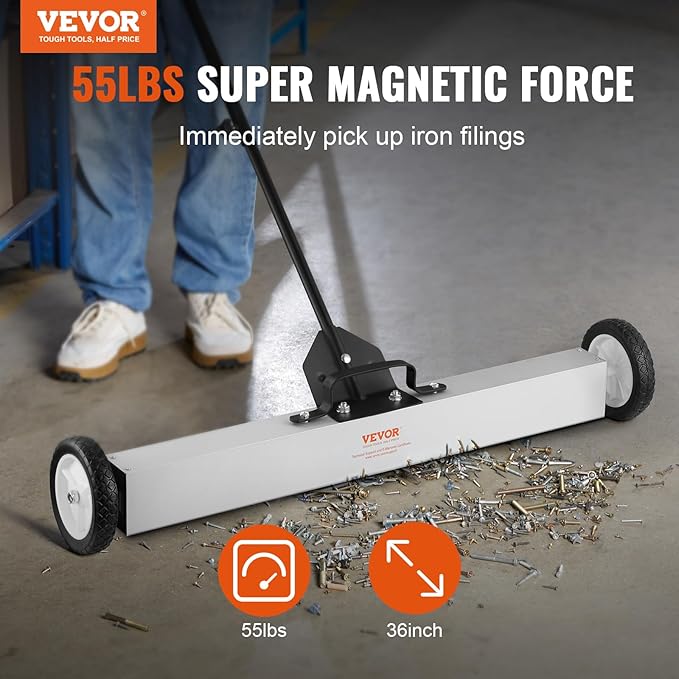 VEVOR 55Lbs Rolling Magnetic Sweeper with Wheels,Push-Type Magnetic Pick Up Sweeper, 36-inch Large Magnet Pickup Lawn Sweeper with Telescoping Handle, Easy Cleanup of Workshop Garage Yard