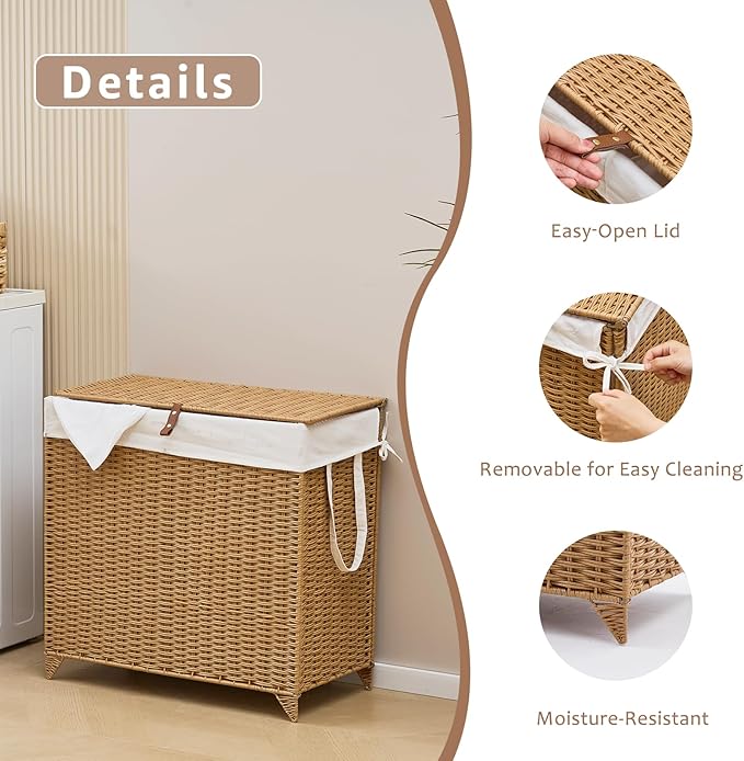 Handwoven Laundry Hamper with Lid, Natural Hyacinth Heightened Feet Laundry Basket, Wicker Clothes Hamper with Removable Liner Bag (Wicker, 120L)