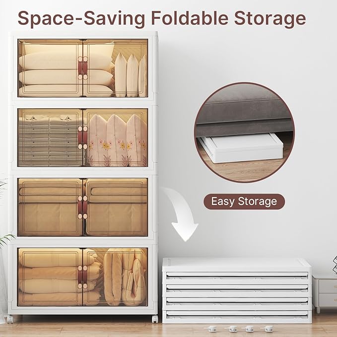 Extra Large Stackable Storage Bins, Lockable Storage Bins with Lids, Folding Storage box with Doors and Wheels, Collapsible Plastic Drawers for Home, Garage, Office (8, White, Extra Large)