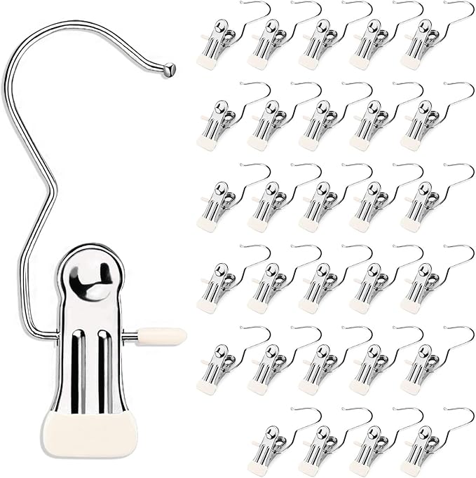30 Pieces Boot Hanger Clips with Hook, Multifunctional Stainless Steel Clothes Pins, Space Saving Single Hanging Clips for Closet Pants Hats Socks Gloves Towels, White