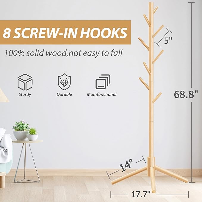 Durable Wooden Coat Rack, Freestanding Coat Rack with Stable Triangular Base, 8 Hooks & 3 Adjustable Heights, Simple Assembly for Bedroom, Hallway, Office(New Nature)