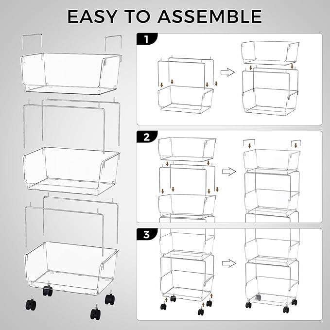 Delamu 3 Tier Rolling Cart for Kitchen, Bathroom, Office, Acrylic Utility Storage Carts with 2 Lockable Wheels, Ideal for Small Spaces, Pantry, Classroom, Makeup Organizer, Dorm Storage, Clear