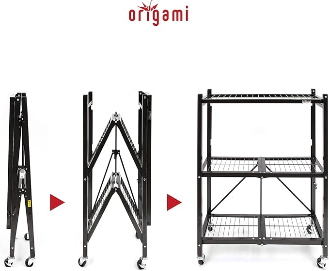 Origami 4-Pack General Purpose Foldable 3-Tier Shelf Storage Rack & Wheels, R3, Black