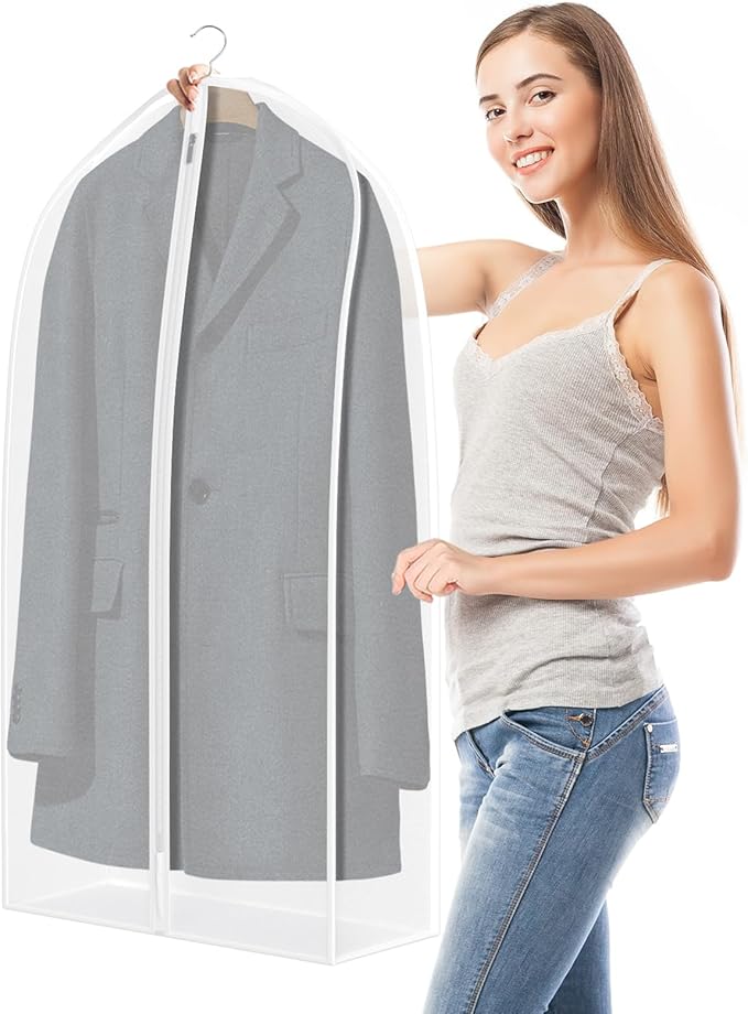 Zilink Breathable Garment Bags for Leather Coat 40” Suit Bags for Closet Storage Silky Suit Dust Covers for Hanging Clothes with 7" Gussted Wrinkle Free for Leather Clothing, Fur Coat, White, Set of 4