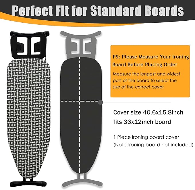 Ironing Board Cover and Pad, Sewn-in Thick Feltpads, Elastic Edge,12"x36"Scorch & Stain-Resistant Replacement Ironing Board Cover, Fits Standard Ironing Boards, Durability & Easy to Install