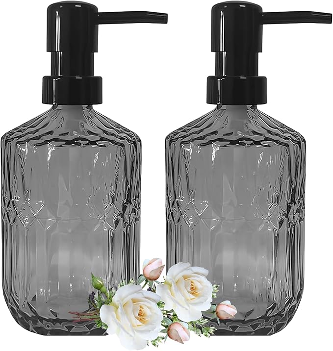Glass Soap Dispenser with Plastic Pump, 15oz Refillable Glass Liquid Hand Soap Dispenser Set, Lotion Dish Soap Dispensers for Modern Home Decor, Bathroom, Kitchen Countertop, Hotel (Dark Grey)