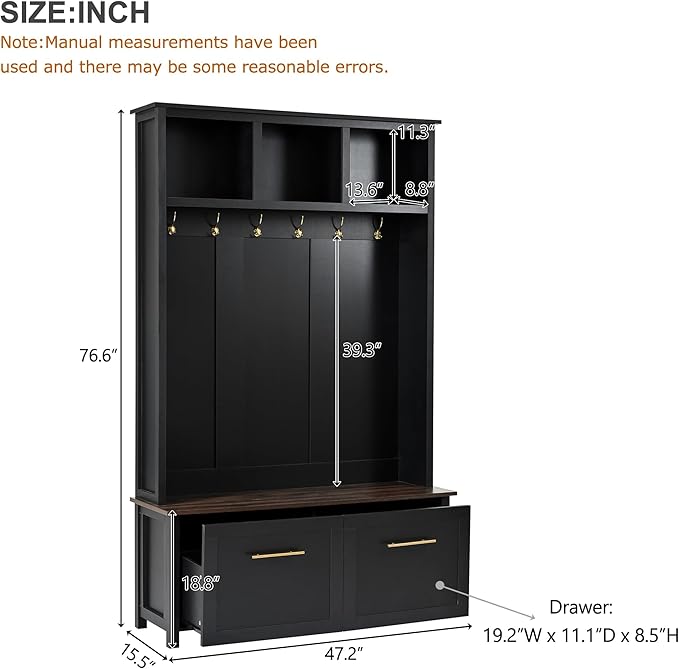 Modern Hall Tree with 6 Golden Hooks, Wood Entryway Coat Hanger with Brown Wood Grain Storage Bench and Top Open Storage Shelves, Versatile 4-in-1 Entryway Coat Rack for Entrance Hallway (Black-9.8)