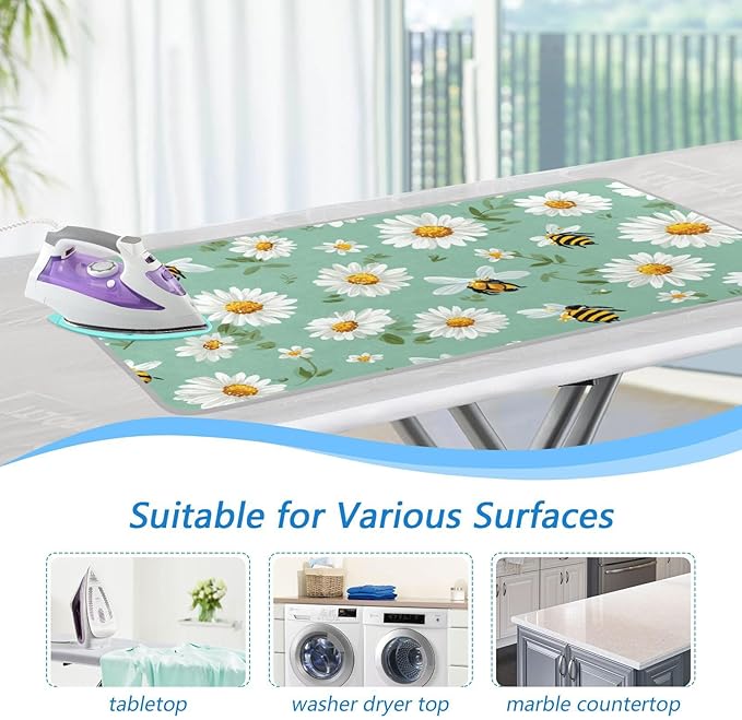 Ironing Mat Pad for Table Portable Travel Iron Blanket Ironing Board Covers Pressing Mat Heat Press Pads 27.6x47.2 Inches Mint Green Daisy Flowers and Bees46