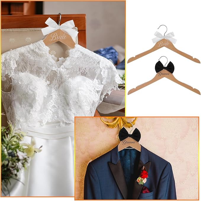 3 Pcs Bride and Groom Hangers for Dress Suit with Clips Wedding Wooden Hanger with Bow Tie for Mr and Mrs Shirt Tuxedo Suit Bridal Wedding Gift Bridesmaid Party Shower(Wood Color)