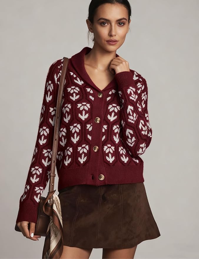 Women Floral Cropped Cardigan Sweaters Shawl Collar Long Sleeve Button Down Knit Jacket Flower Print Knitwear
