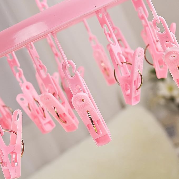 Round Plastic 18 Clips Underwear Scarf Laundry Clothes Drying Hanger Pink