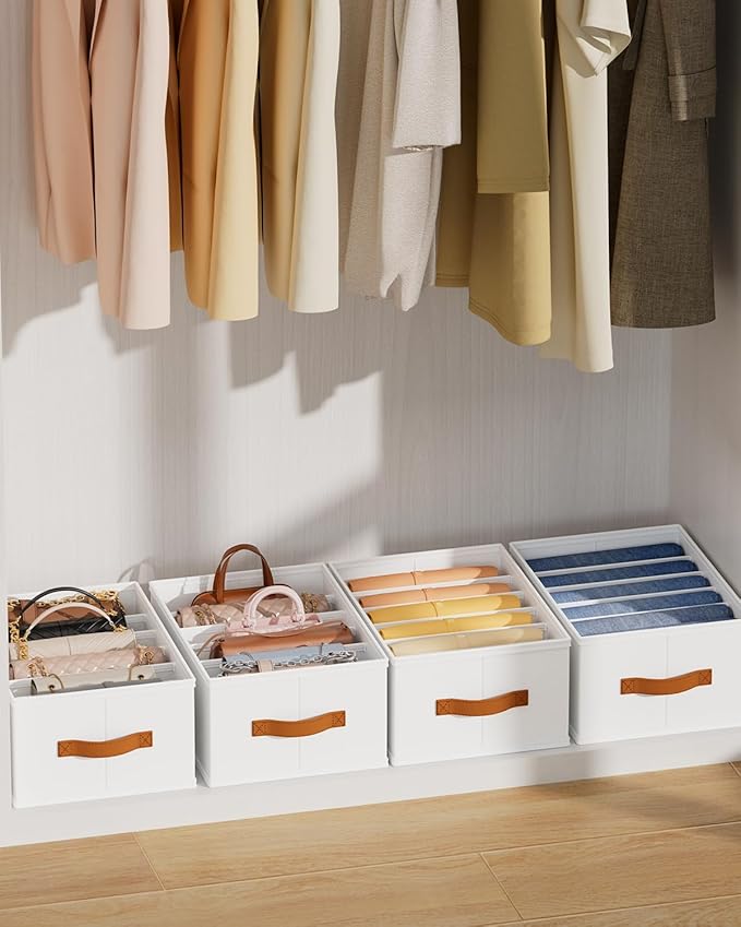Purse Organizer for Closet, Fabric Handbag Storage Organizer with Handles, Foldable Bag Organizer Drawer for Flat Handbags, Clothes, Towels or Pants, Closet Storage Organizer, White, 6 Pack