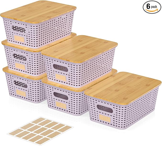 6Pcs Storage Bins with Lids, Stackable Plastic Storage Basket with Bamboo Lid, Pantry Organizer Box Small Containers for Organizing Shelves Drawer Desktop Closet Cabinet Office Classroom 10x7.1x4.1in