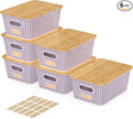 6Pcs Storage Bins with Lids, Stackable Plastic Storage Basket with Bamboo Lid, Pantry Organizer Box Small Containers for Organizing Shelves Drawer Desktop Closet Cabinet Office Classroom 10x7.1x4.1in