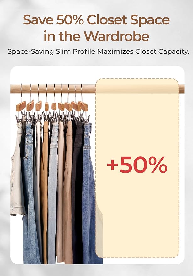 SMARTOR Natural Wooden Pants Hangers 10 Pack, Heavy Duty Wood Skirt Hangers with 2-Adjustable Clips and 360° Swivel Hook, Space Saving Clip Hanger for Shorts, Slacks, Jeans, Trousers