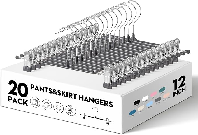 Pants Hangers with Clips 20PACK Adjustable Skirt Hangers for Women Metal Non-Slip Trousers Hanger Heavy Duty Space Saving Clothes Hanger for Shorts,Jeans,12Inch Gray