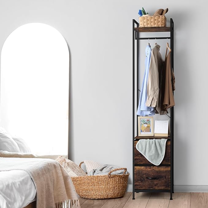 smusei Garment Rack 3 Tiers Clothes Rack Heavy Duty with Fabric Drawers and Storage Shelves Freestanding Closet Organizer Stand Small Coat Rack for Bedroom Entryway Living Room