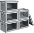 Stackable Storage Bins with Lids - Medium Storage Box with Lids, Foldable Closet Boxes for Organizing, Wardrobe Clothes Organizer with Window, Cubes Bins for Living Room, 5 Pack, Grey