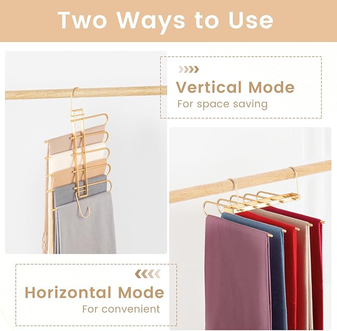 Pants Hangers Space Saving,Closet Hangers 5 Layers 2 Uses Multi Functional Pants Rack,Metal Heavy Duty Wardrobe Organizer Racks for Clothes Trousers Scarves Ties (2Pack Gold)