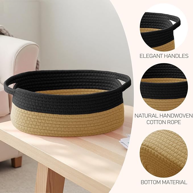 Woven Basket,Small Rope Storage Bin with Handles & Ribbon Bag, Organizer for Shelves Closets,Gift Basket Empty for Birthday,Books,Dog Toys, Black&Jute