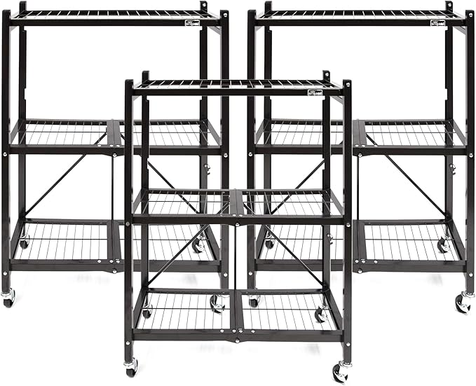 Origami 3-Pack General Purpose Foldable 3-Tier Shelf Storage Rack & Wheels, R3, Black