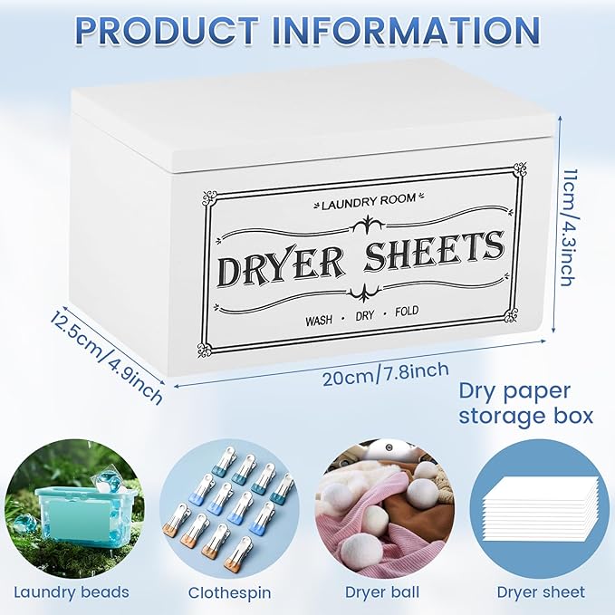 Dryer Sheet Holder and Lid, Dryer Sheet Container, Laundry Pods Dispenser, Rustic Farmhouse Dispenser Laundry Room Decor Accessories, 7.9x4.9x4.3in (White)