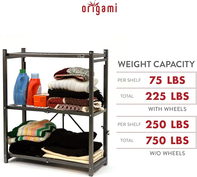 Origami 6-Pack 3-Tier Foldable Storage Shelves, Garage Shelf Rack Unit with Wheels, Pewter