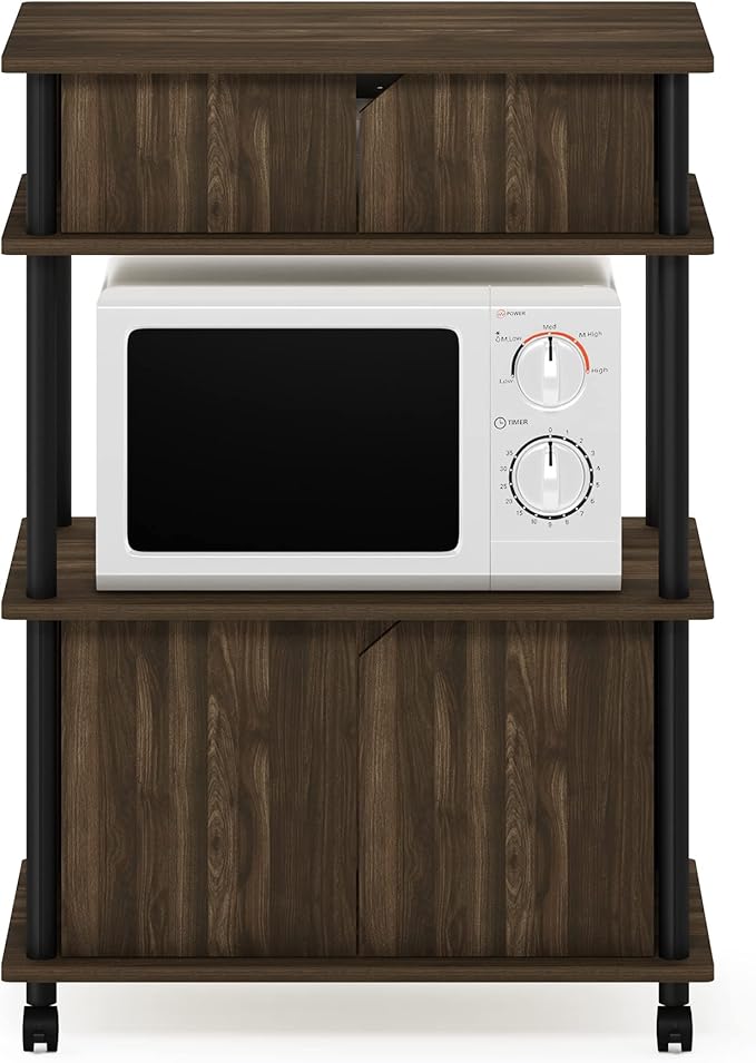Furinno Turn-N-Tube Kitchen Storage Cart with Cabinet and Lockable Wheels, Columbia Walnut/Black