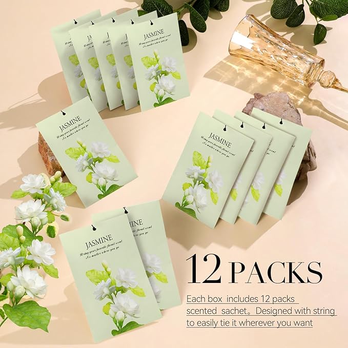 Jasmine Scented Sachet Bags - 12 Pack Closet & Drawer Freshener, Long Lasting Odor Eliminator for Wardrobes, Cars & Storage, Home Fragrance Air Freshener Sachets