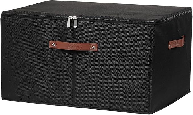 Storage Bins with Zipper Lid Cotton Linen Fabric Lidded Storage Baskets Boxes Foldable Washable Closet Shelf Clothes Organizer Container with PU Leather Handles (Black, Extra Large)