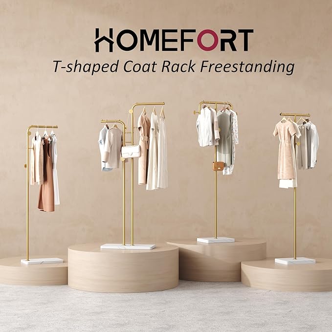 HOMEFORT Coat Rack, Freestanding Metal Coat Racks, Coat Tree Stand with 4 Hooks for Closet, Bedroom, Entryway, Living Room, Gold
