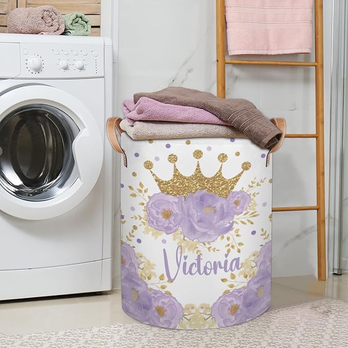 Personalized Laundry Basket, Custom Gift Laundry Hamper, Collapsible Nursery Waterproof Laundry Baskets, Dirty Clothes Toy Hamper with Handles Floral Gold Crown Princess