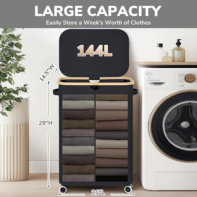 Goodpick Laundry Basket with Wheels, 150L Double Laundry Hamper 2 Section Extra Large Clothes Hamper with Removable Wash Bag Collapsible Dirty Clothes Basket for Bedroom, Bathroom, Black