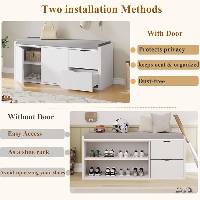 LVB Storage Entryway Bench, Long Shoe Bench with Drawers Storage Shelf, Modern Entry Way Bench with Padded Cushioned Seating, Wood Shoe Rack Benchs for Foyer Entrance Living Bedroom, White Oak, 40in