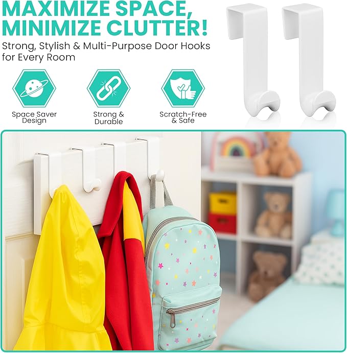 Iconikal 6-Pack Over The Door Hooks Plastic White Valet Hanger for Coats Towels Robes Bags Bathroom Bedroom Closet Organizer No Tools Bulk Pack