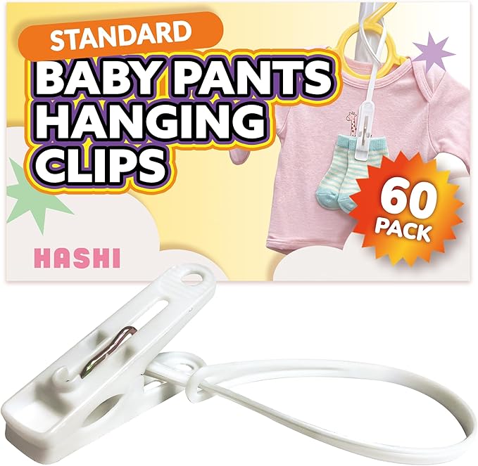 HASHI Baby Clothes & Pants Clips, Non-Slip Hanger Clips with Strong Grip, Space-Saving Organizer for Baby & Toddler Laundry, Closet, Socks, Stroller, Travel & Drying Rack (60, Standard)