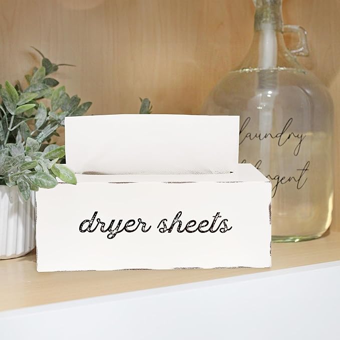 AuldHome Design Dryer Sheet Dispenser; Countertop Rustic White Fabric Softener Sheet Holder for Laundry Room