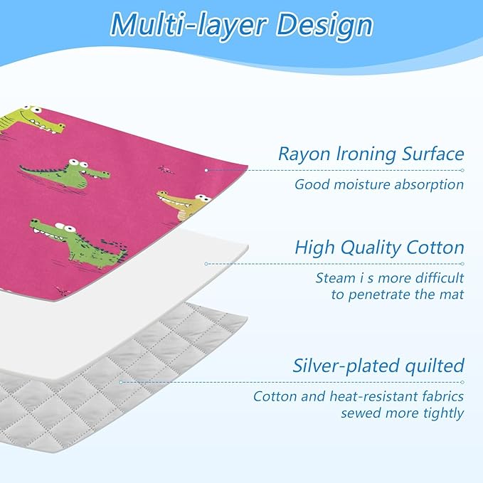 Pink Funny Crocodiles Ironing Mat Thickened Ironing Blanket Travel Portable Double-Side Using Ironing Pad Travel Isolate Heat Pad Cover for Washer Dryer Table Top Countertop 27.6x47.2in
