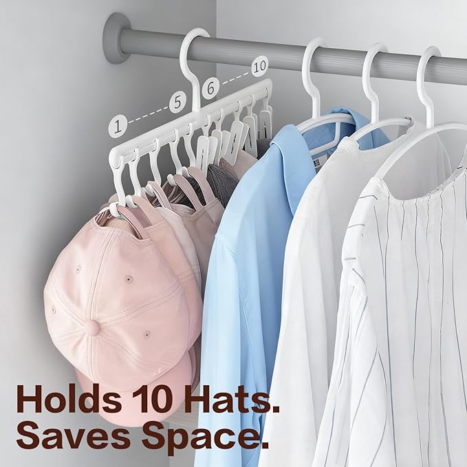 360° Rotatable Hat Organizer for Closet Hanger with 5 Hooks & 5 Clips - Adjustable Space-Saving Closet Rack for Baseball Caps and Hats, White