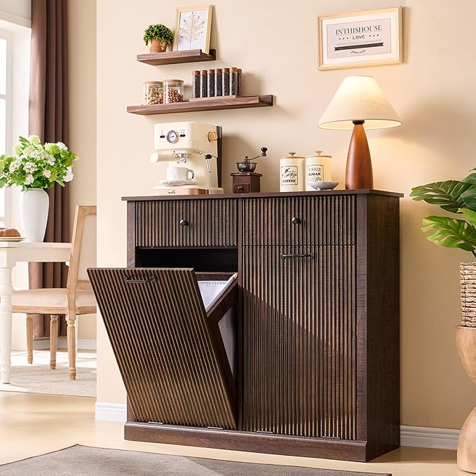 Modern Double Tilt-Out Laundry Hamper Cabinet, 20 Gallon Fluted Trash Can Cabinet w/2 Drawers, Wooden Hidden Garbage Can Cabinets w/Laundry Basket, Free Standing for Bathroom and Kitchen, Brown
