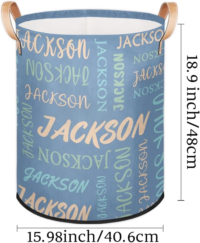 Custom Name Large Laundry-Basket for Kids-Boys-Girls, Personalized Foldable Waterproof Laundry Hamper Dirty Clothes Toys Storage Bin with Handles,Light Blue