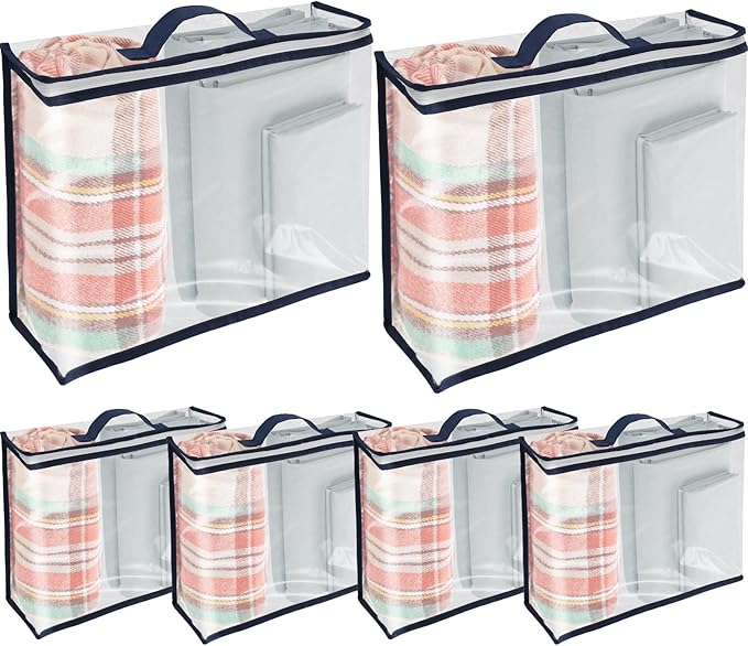 6 Packs Clear PVC Organizing Bags with Zipper Storage Bags Waterproof Dustproof Blankets Bed Sheet Storage Bag 15.7x11.8x3.9 Inch with Handle