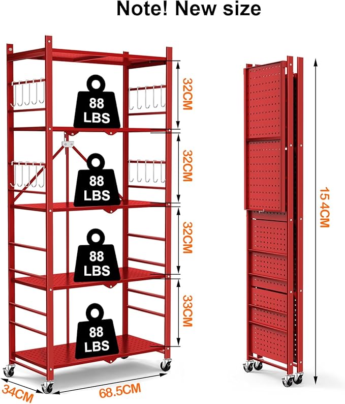 Himix Storage Shelves with 20 Hooks, 5-Tier Foldable Shelves for Storage, Folding Utility Shelf Unit Pantry Shelf with Wheels, Metal Shelving Unit Rack for Garage Christmas Room, Red - No Assembly